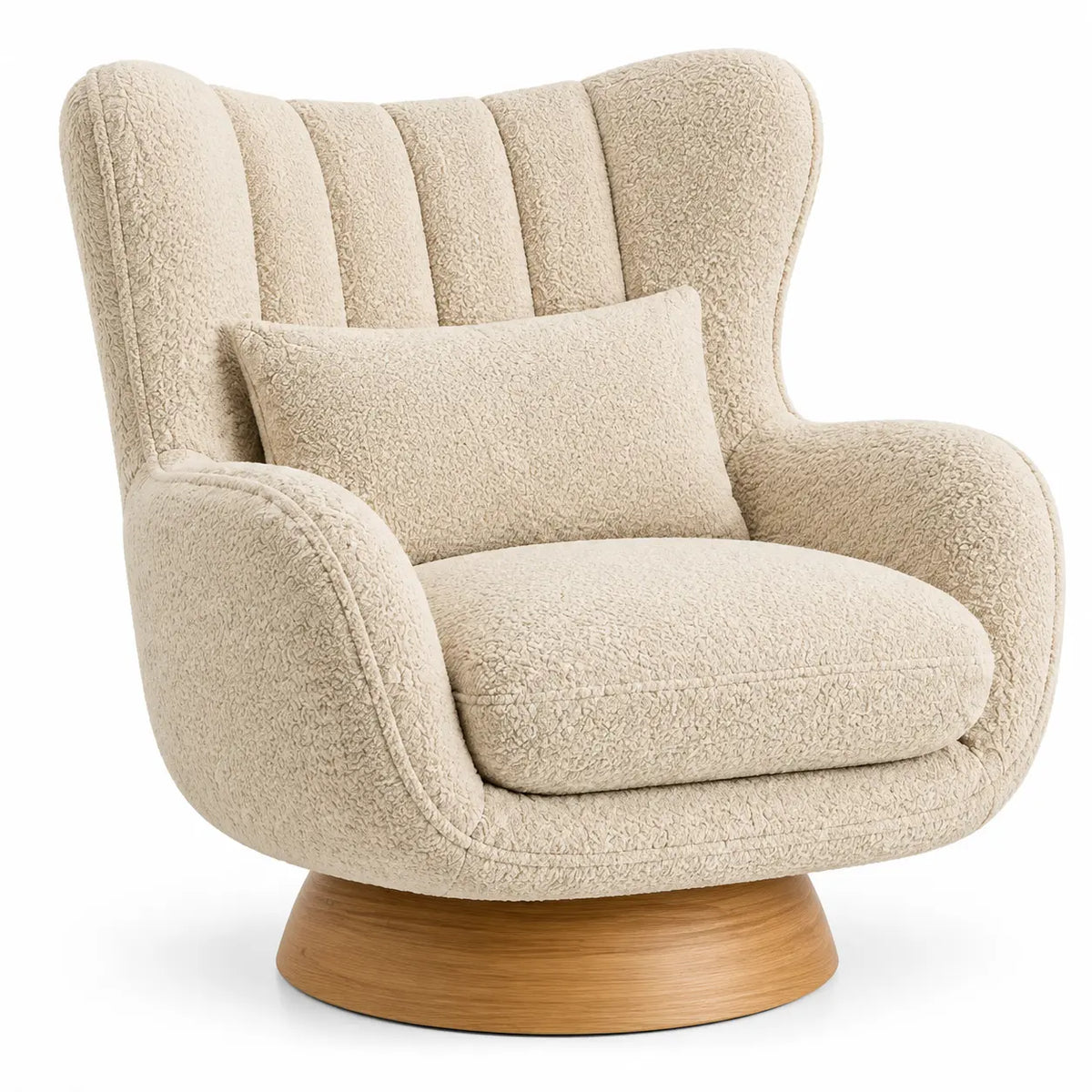 Poltrona, schienale alto a fasce e base circolare, beige/marrone