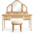 Mobile da toeletta con specchio, specchio a tre sezioni e sgabello, beige/marrone