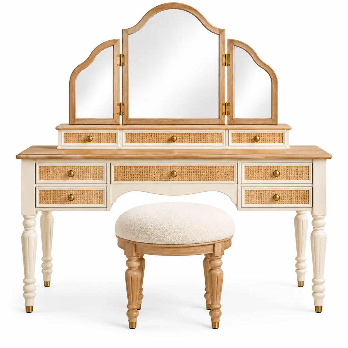 Mobile da toeletta con specchio, specchio a tre sezioni e sgabello, beige/marrone