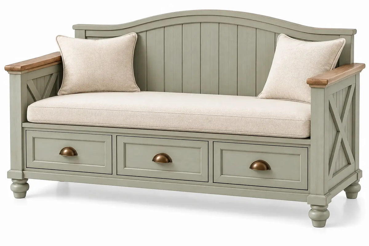 Panca, schienale sagomato e tre cassetti inferiori, verde/marrone/beige