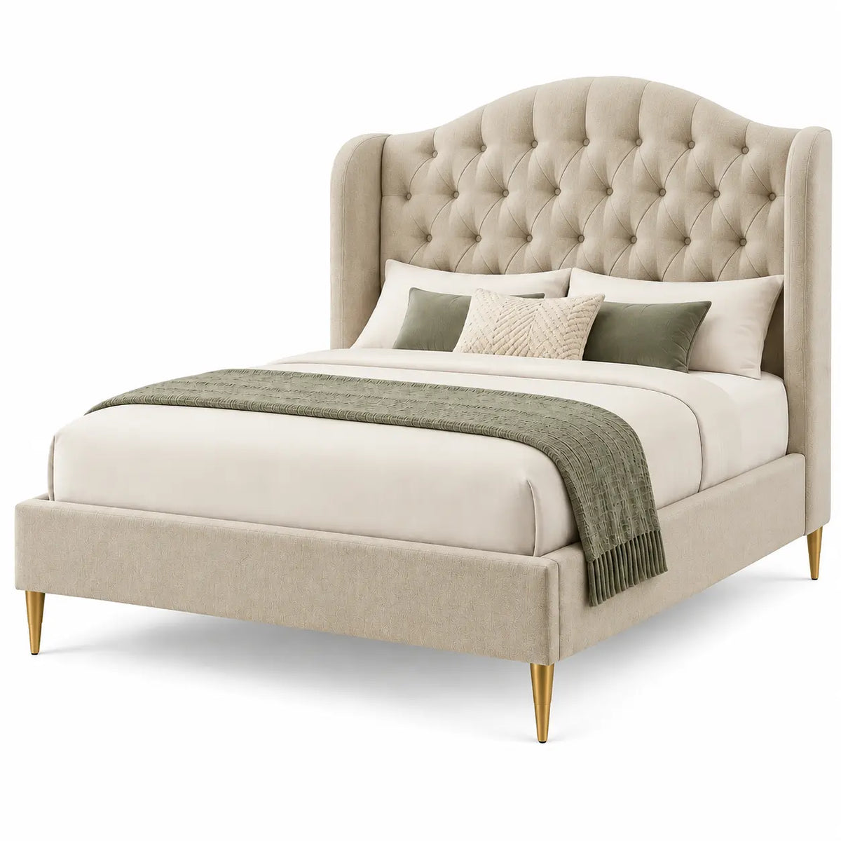 Struttura letto con testiera, testiera alta capitonné, beige