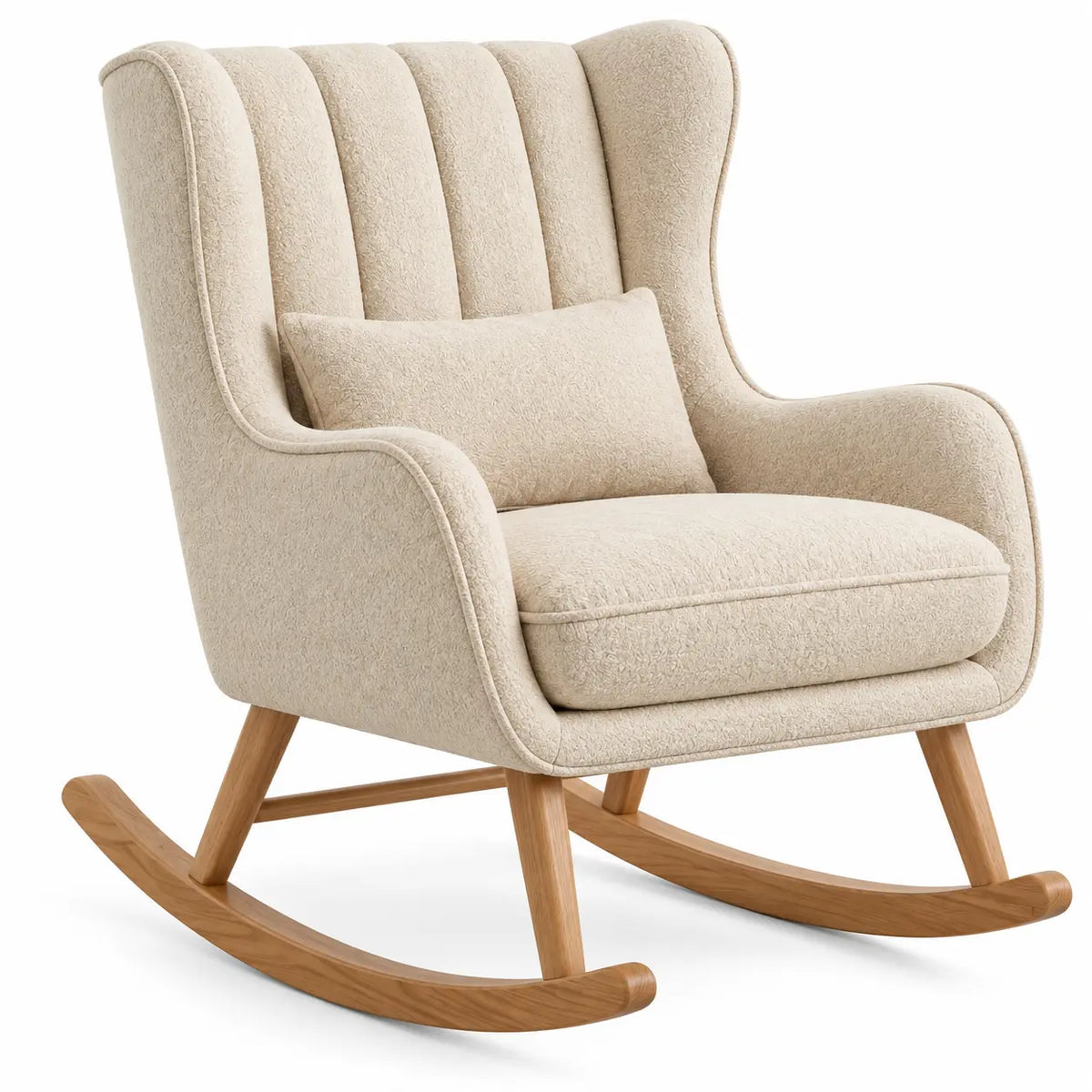 Poltrona a dondolo, schienale alto a fasce e braccioli imbottiti, beige/marrone