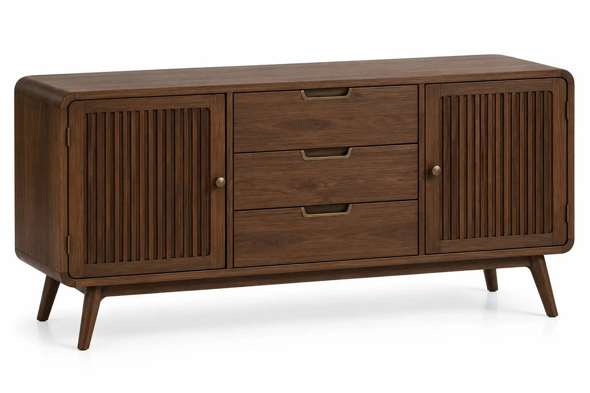 Credenza, ante scanalate e tre cassetti centrali, marrone