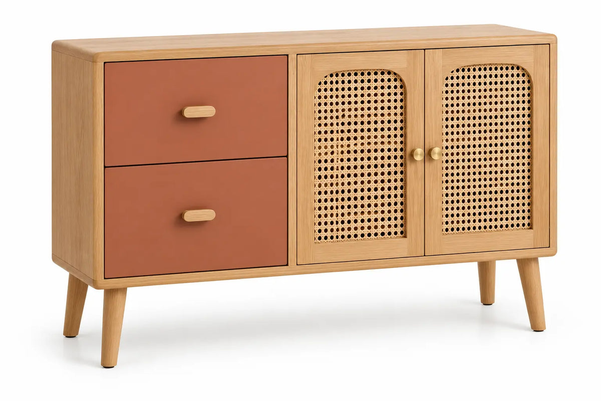 Credenza, ante intrecciate e due cassetti laterali, marrone/rosso