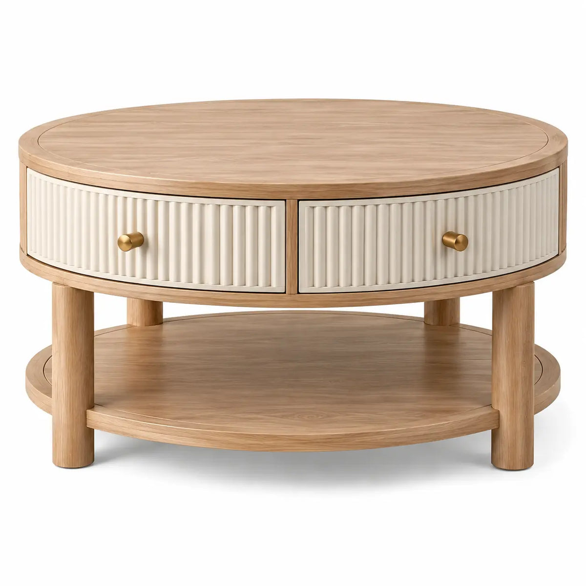 Tavolino da salotto, piano rotondo, cassetti e ripiano inferiore, marrone/beige