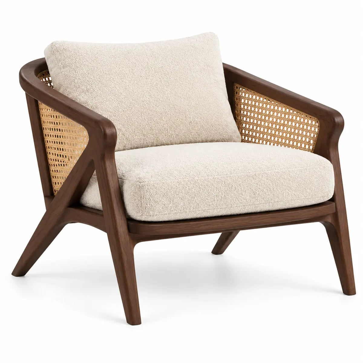 Poltrona, braccioli intrecciati e struttura angolata, marrone/beige