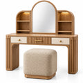 Mobile da toeletta con specchio, specchio arcuato e sgabello imbottito, marrone/beige