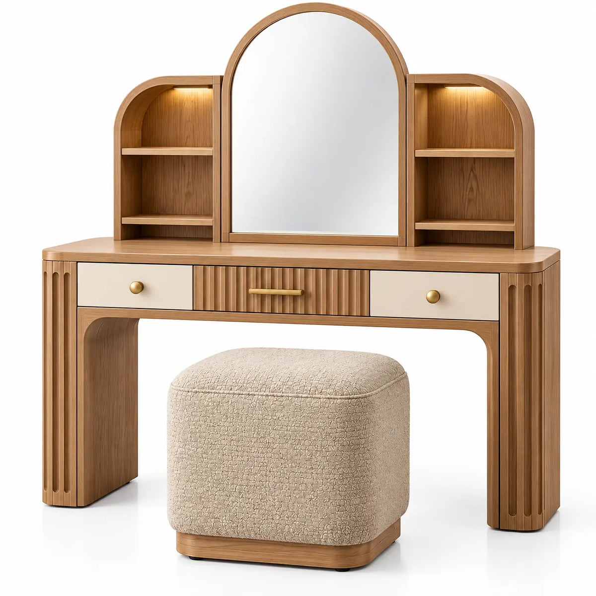 Mobile da toeletta con specchio, specchio arcuato e sgabello imbottito, marrone/beige